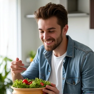 Fiatal férfi mosolyogva, egészségesen étkezik