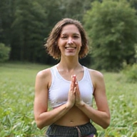 Nyugodt, mosolygós ember jógázik a természetben