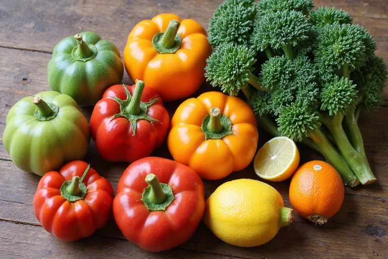 Friss, színes zöldségek és gyümölcsök egy fa asztalon elrendezve, ami az egészséges táplálkozást szimbolizálja.