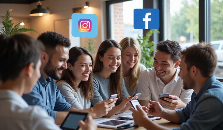 Emberek, akik közösségi médiát használnak telefonon és tableten.