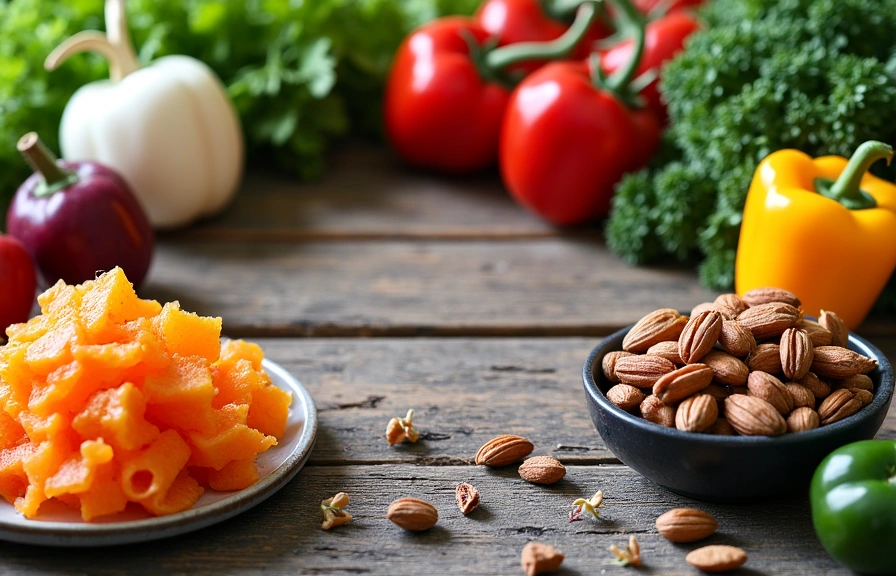 Egy asztal tele friss, egészséges ételekkel, mint zöldségek, gyümölcsök és magvak, amelyek a táplálkozási tanácsadást szimbolizálják.